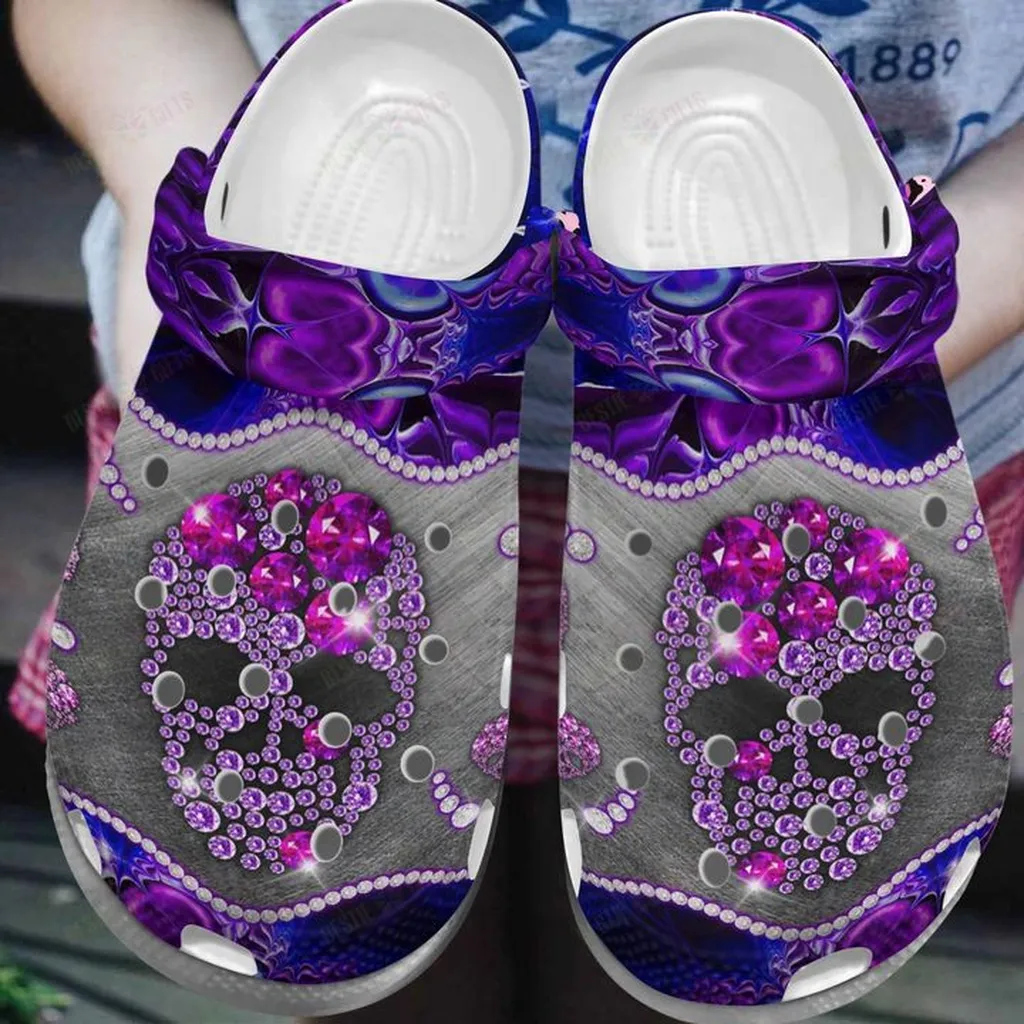 Skull White Sole Purple Skull Crocs, Personalized Crocs Classic Clogs