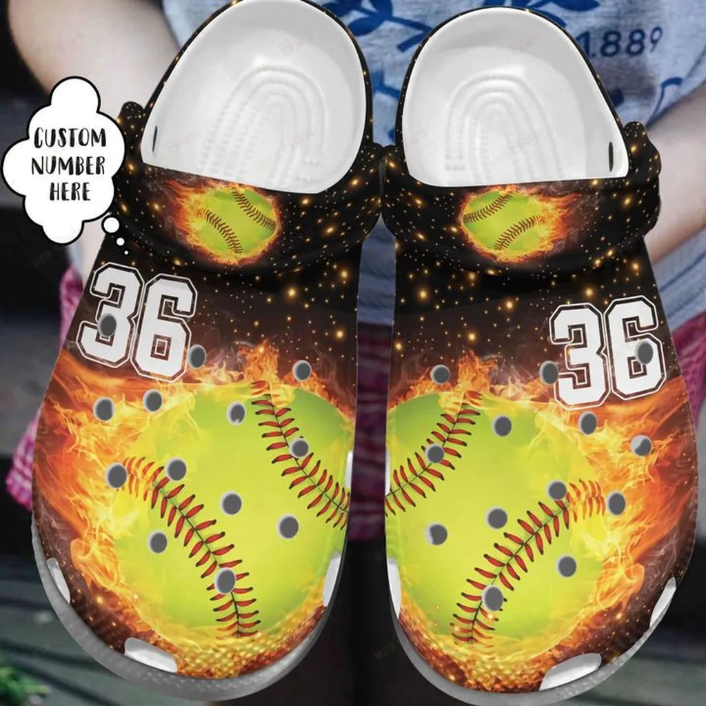 Softball Personalized White Sole Fire Ball Crocs Classic Clogs