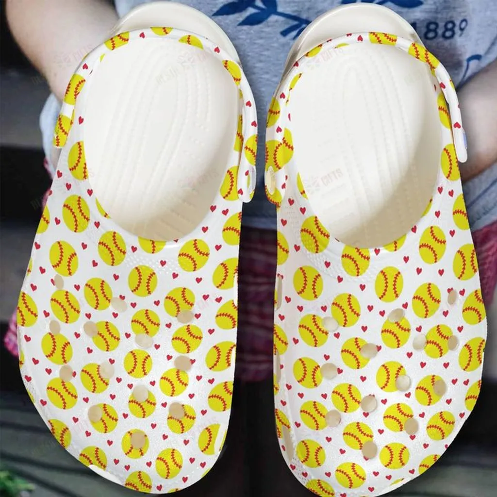 Softball White Sole Softball Heart Pattern Crocs, Personalized Crocs Classic Clogs