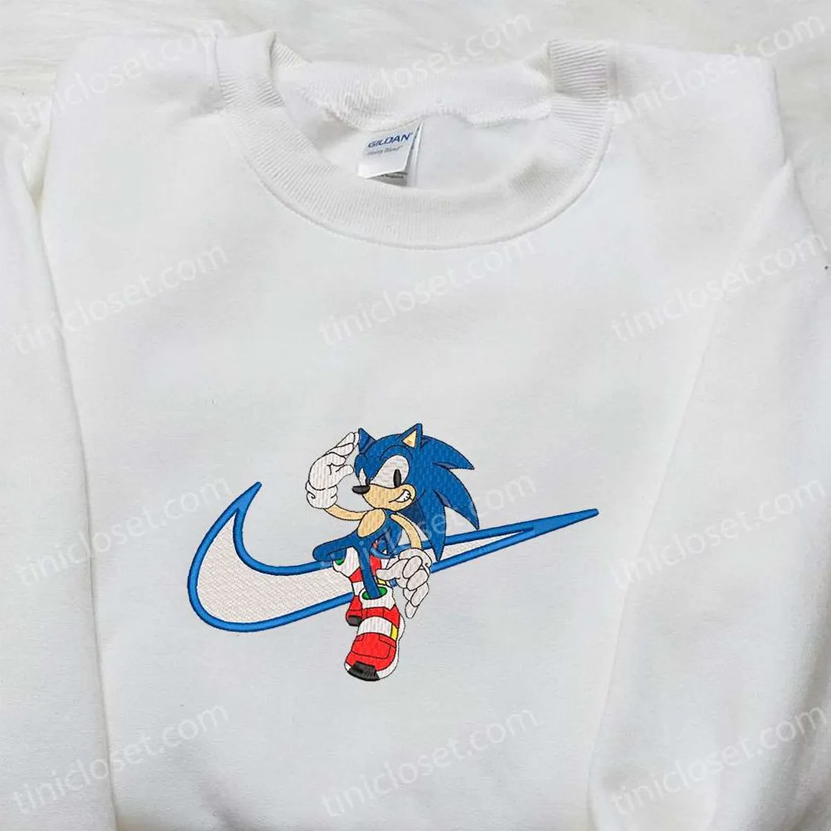 Sonic x Swoosh Cartoon Embroidered Hoodie, Nike Inspired Embroidered Shirt, Best Gift Ideas for Family