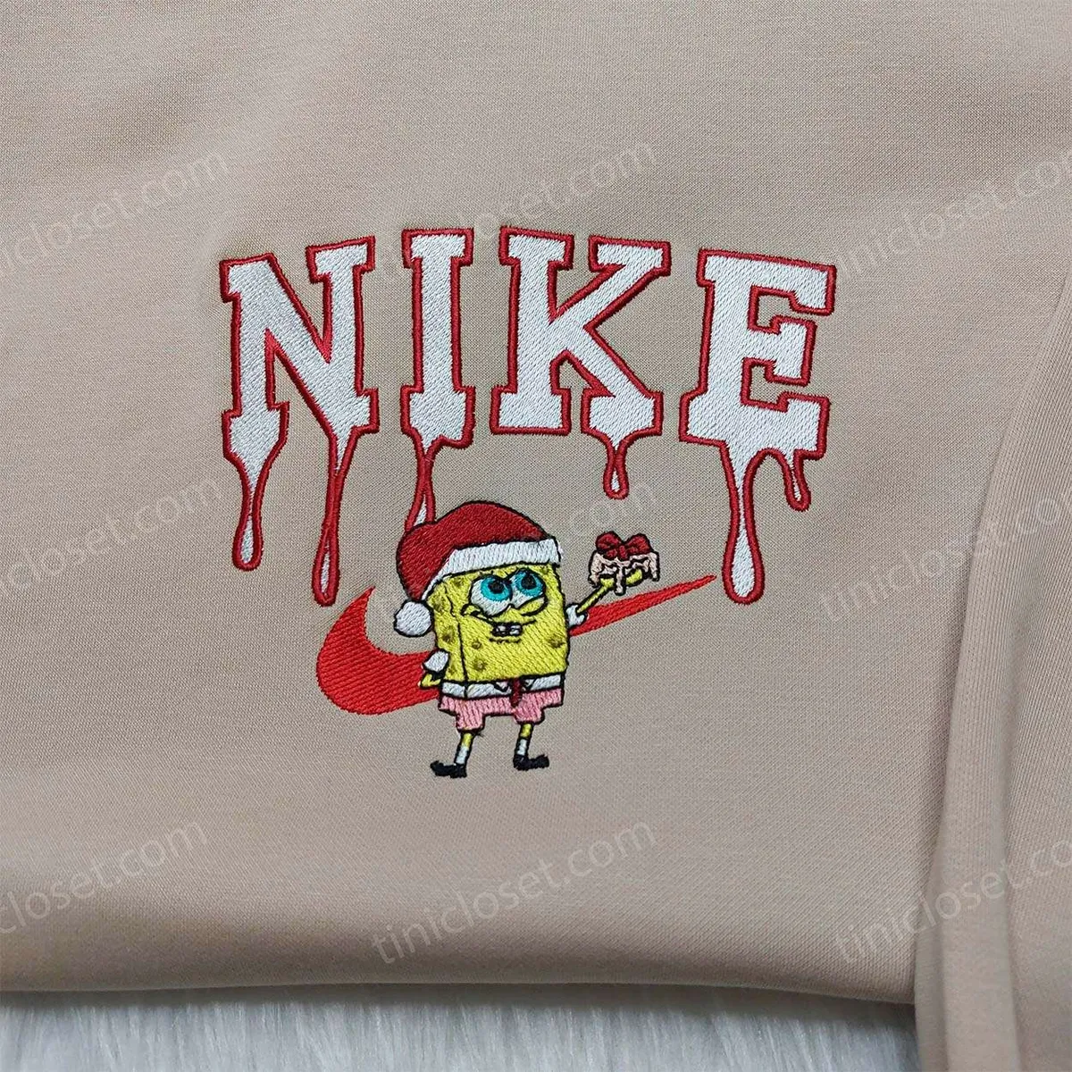 Spongebob Santa Hat Nike Christmas Sweatshirt, Custom Nike Embroidered Hoodie, Family Christmas Gift Ideas