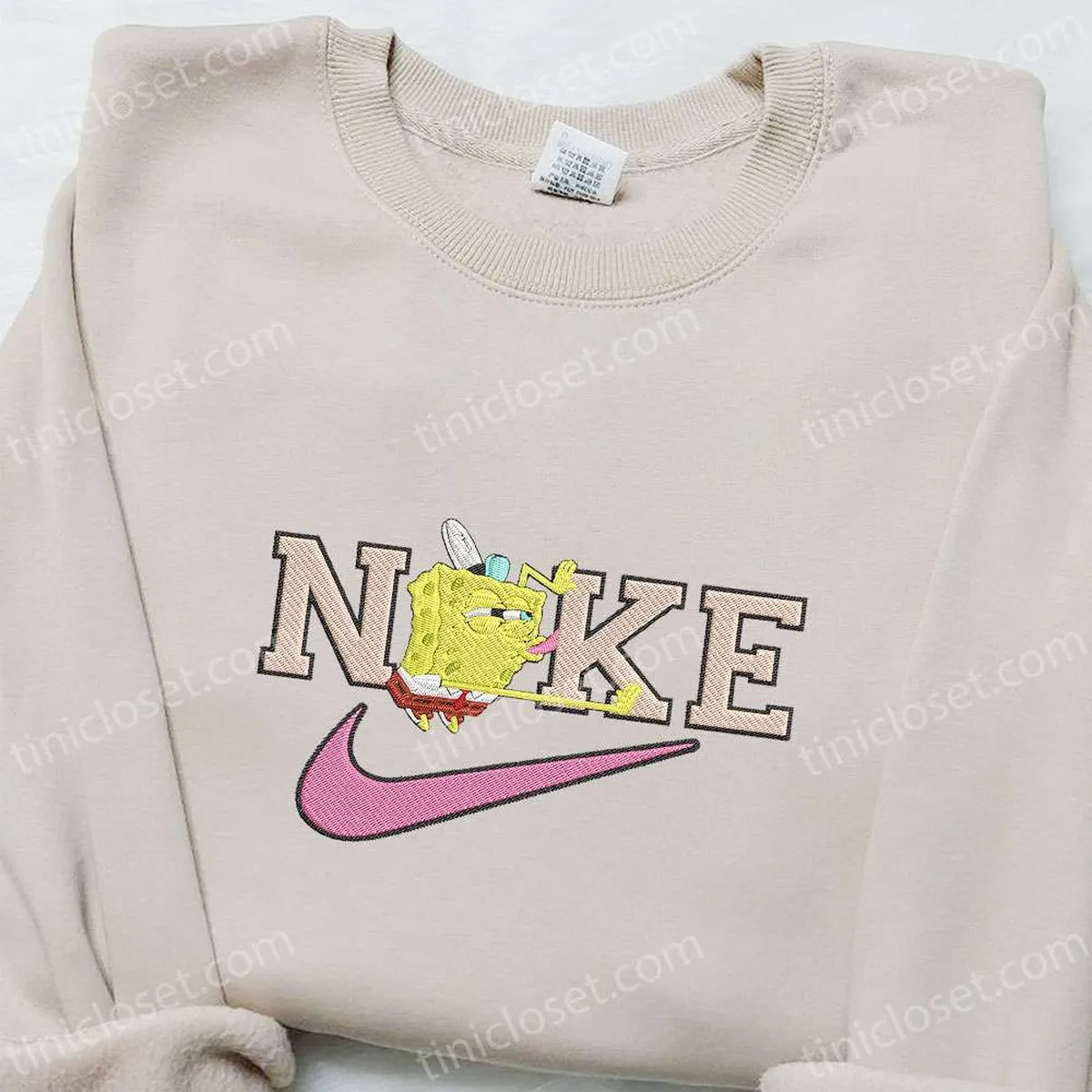 SpongeBob SquarePants x Nike Cartoon Embroidered Sweatshirt, Disney Characters Embroidered Hoodie, Custom Nike Embroidered T-shirt