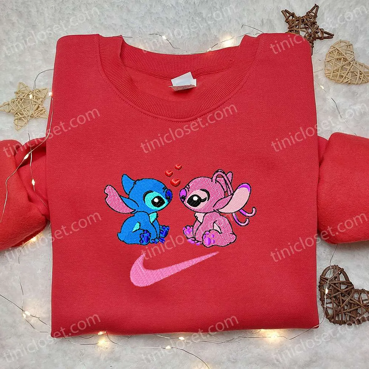 Stitch and Angel Love x Nike Swoosh Cartoon Embroidered Shirt, Lilo and Stitch Embroidered Shirt, Nike Inspired Embroidered Shirt