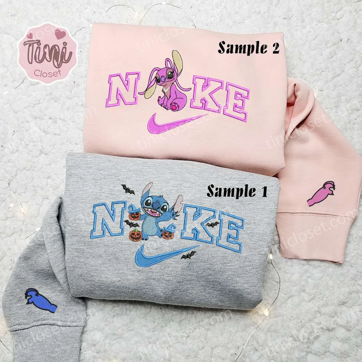 Stitch And Angel x Nike Couple Embroidered Shirt, Halloween Embroidered Hoodie, Valentine? Day Embroidered Sweatshirt