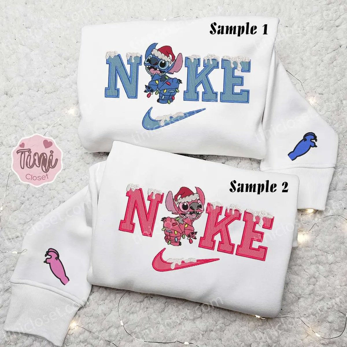 Stitch And Angel Xmas x Nike Couple Embroidered Shirt, Christmas Embroidered Hoodie, Valentine? Day Embroidered Sweatshirt