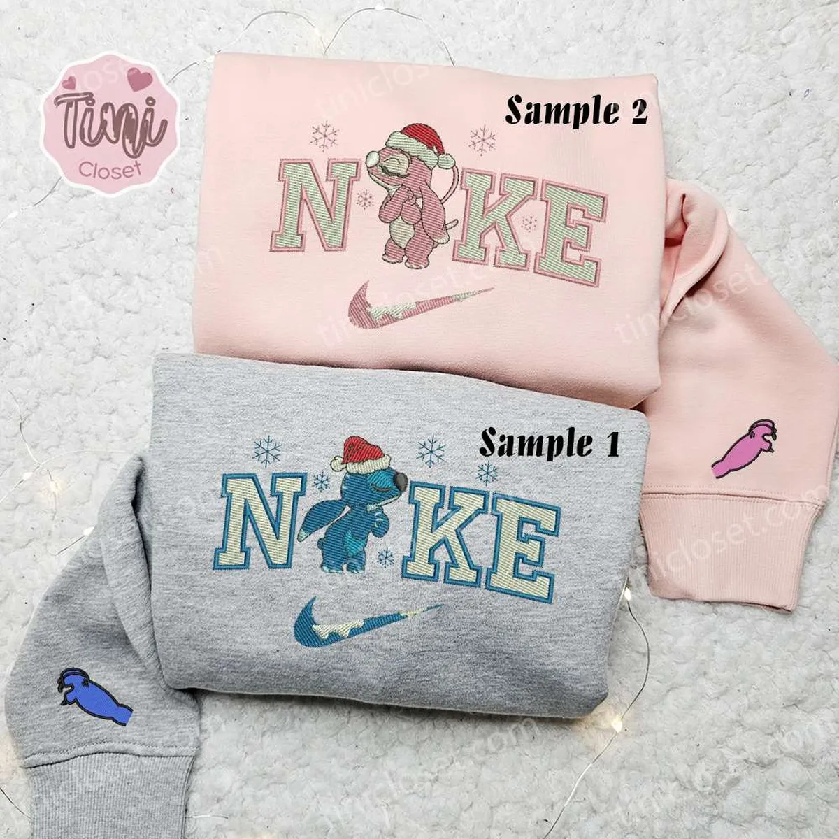 Stitch And Angel Xmas x Nike Couple Embroidered Shirt, Valentine? Day Embroidered Hoodie, Christmas Embroidered Sweatshirt