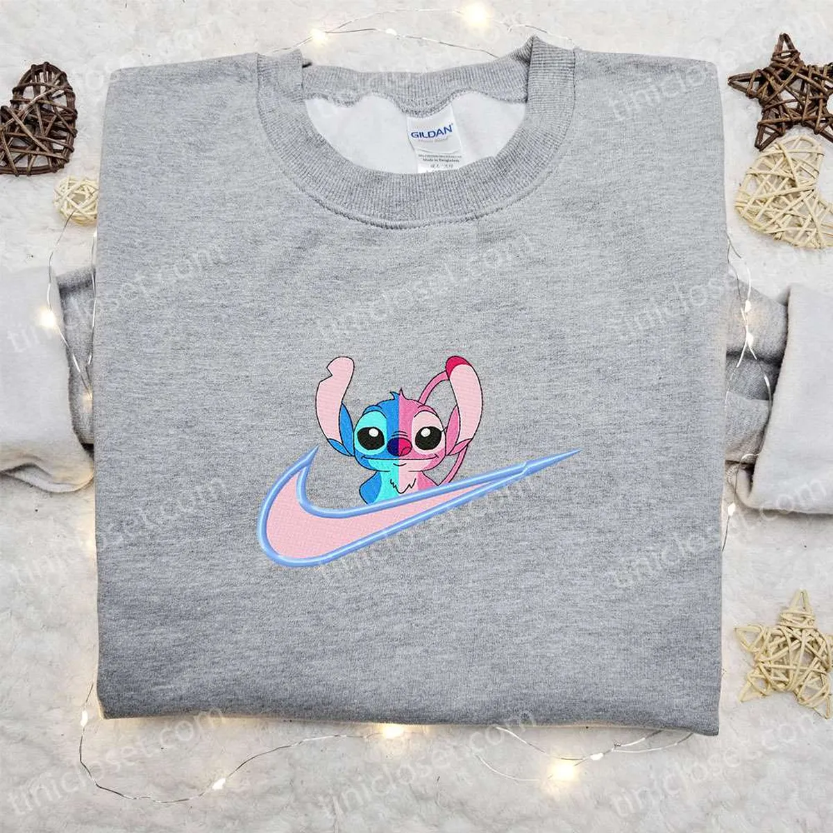 Stitch Angel Couple Love x Nike Swoosh Cartoon Embroidered Shirt, Lilo and Stitch Embroidered Shirt, Best Gift for Family