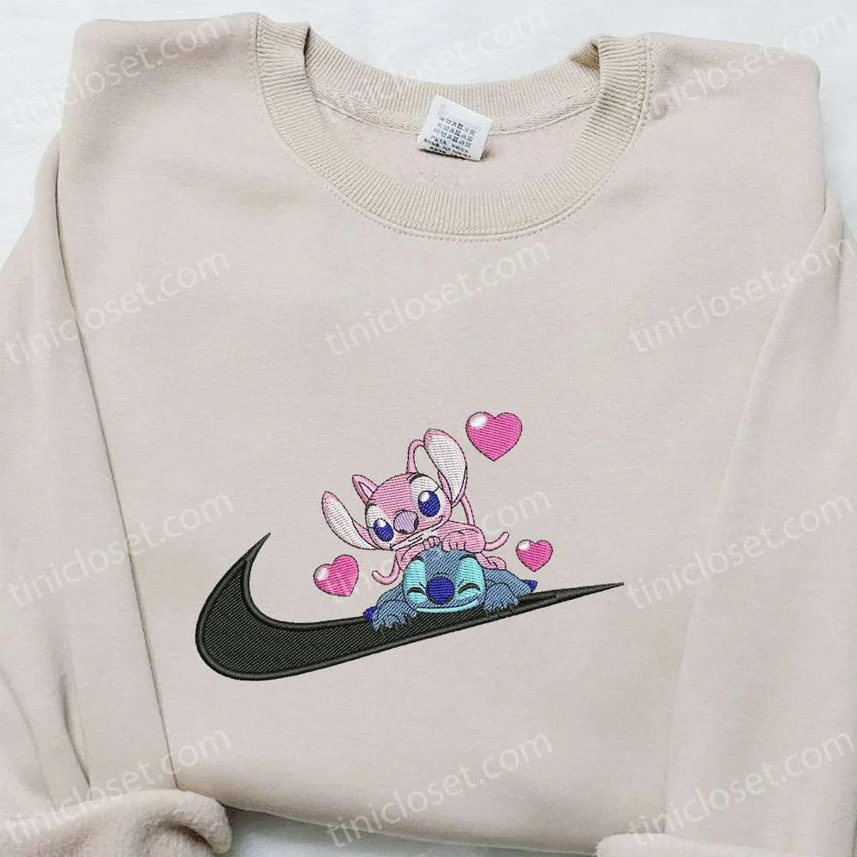 Stitch Angel Couple Love x Swoosh Cartoon Embroidered Hoodie, Disney Characters Embroidered Shirt, Best Gift Ideas for Family