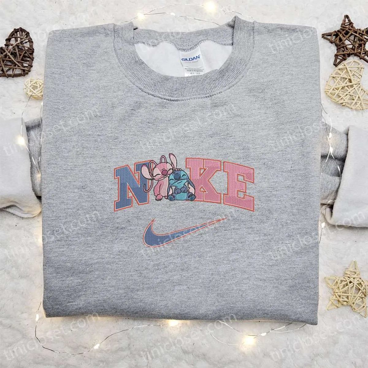 Stitch Angel Couple x Nike Cartoon Embroidered Sweatshirt, Walt Disney Characters Embroidered Shirt, Best Birthday Gift Ideas for Family