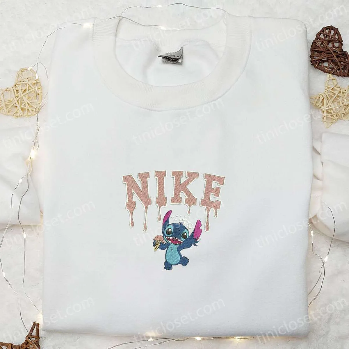 Stitch Choco Ice Cream Drip x Nike Embroidered Shirt, Disney Characters Embroidered Hoodie, Nike Inspired Embroidered Sweatshirt