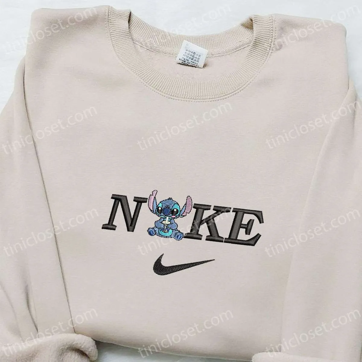 Stitch drinking Boba x Nike Embroidered Shirt, Disney Characters Embroidered Hoodie, Nike Inspired Embroidered Sweatshirt