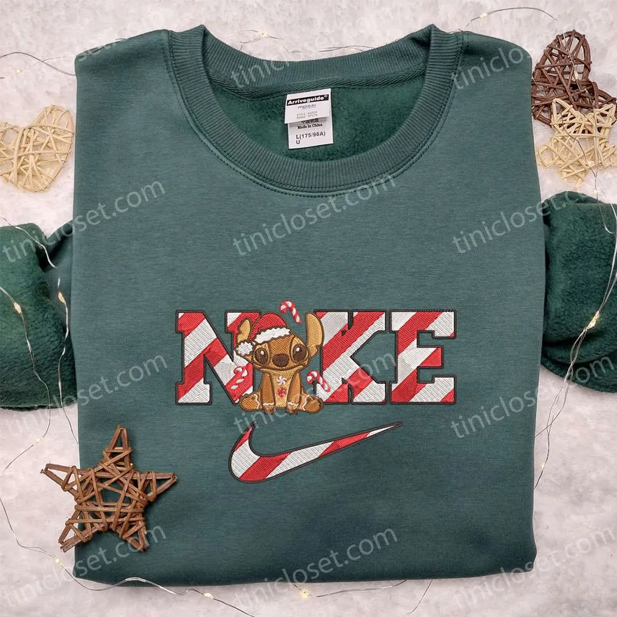 Stitch Gingerbread Candy Canes x Nike Embroidered Shirt, Disney Characters Embroidered Hoodie, Christmas Embroidered Sweatshirt