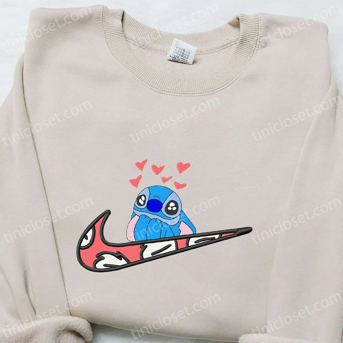 Stitch Hearts x Swoosh Embroidered Sweatshirt, Disney Characters Embroidered Hoodie, Best Valentine? Gift Ideas