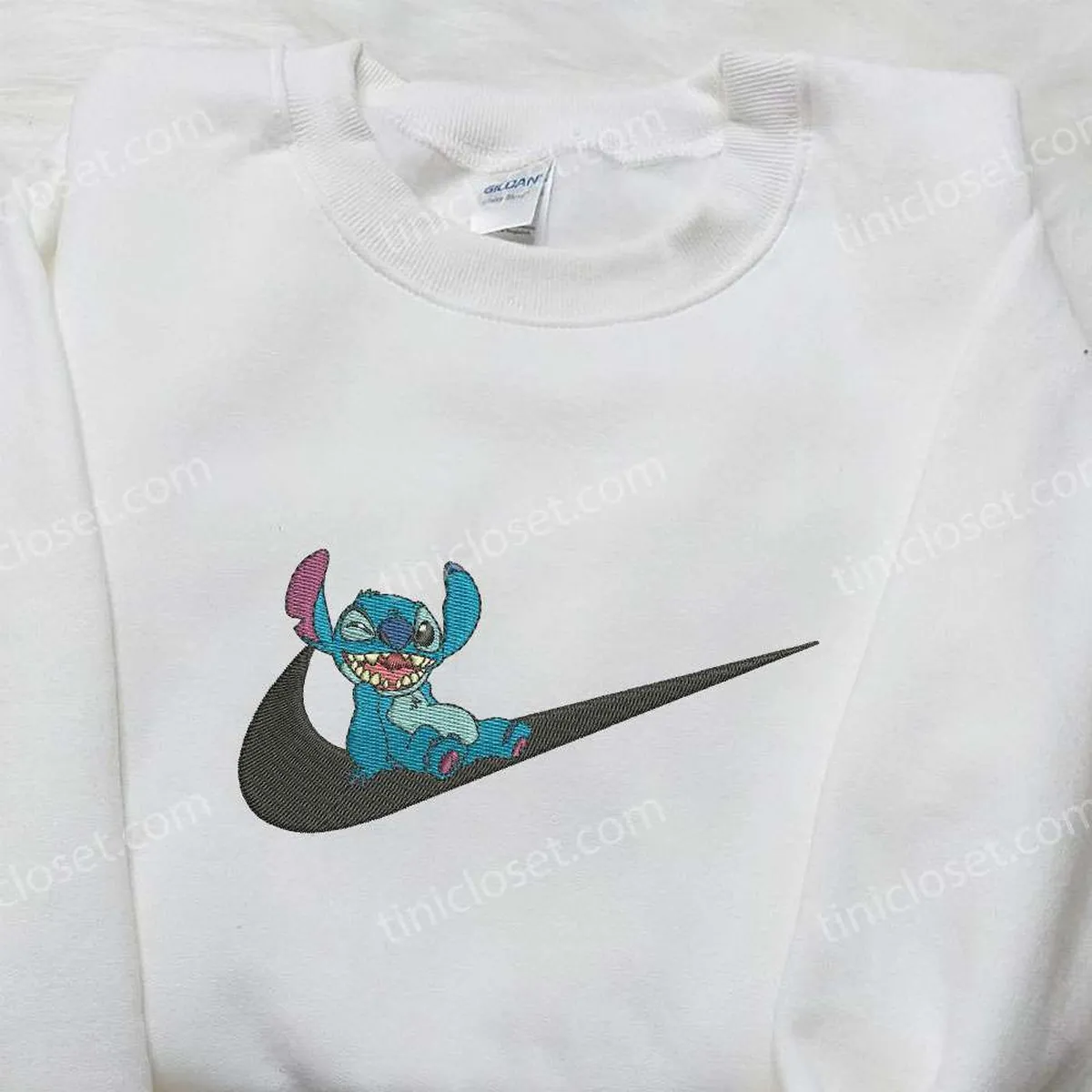 Stitch Laughing x Nike Swoosh Embroidered Sweatshirt, Lilo and Stitch Cartoon Embroidered Shirt, Nike Inspired Embroidered Shirt