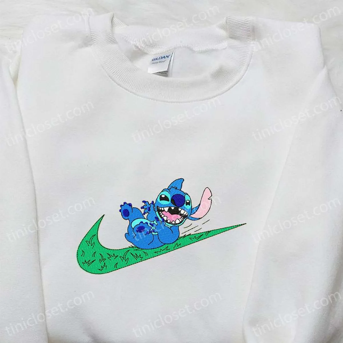 Stitch x Nike Swoosh Cartoon Embroidered Tshirt, Nike Inspired Embroidered Shirt, Best Gift for Family