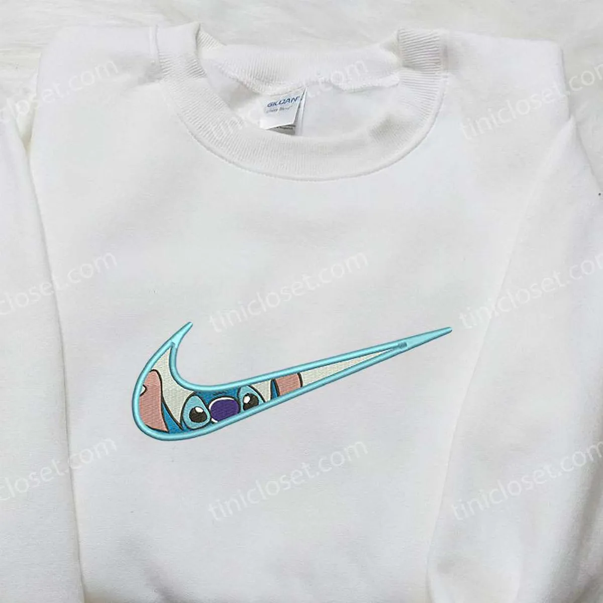 Stitch x Nike Swoosh Embroidered Sweatshirt, Lilo and Stitch Cartoon Embroidered Shirt, Nike Inspired Embroidered Shirt