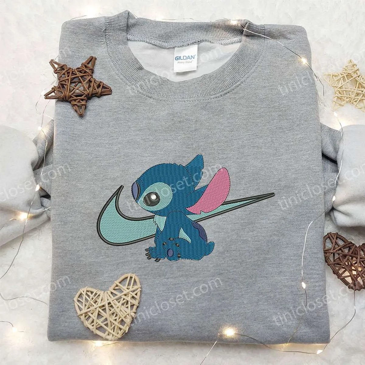 Stitch x Nike Swoosh Embroidered Sweatshirt, Lilo and Stitch Cartoon Embroidered Shirt, Nike Inspired Embroidered Shirt