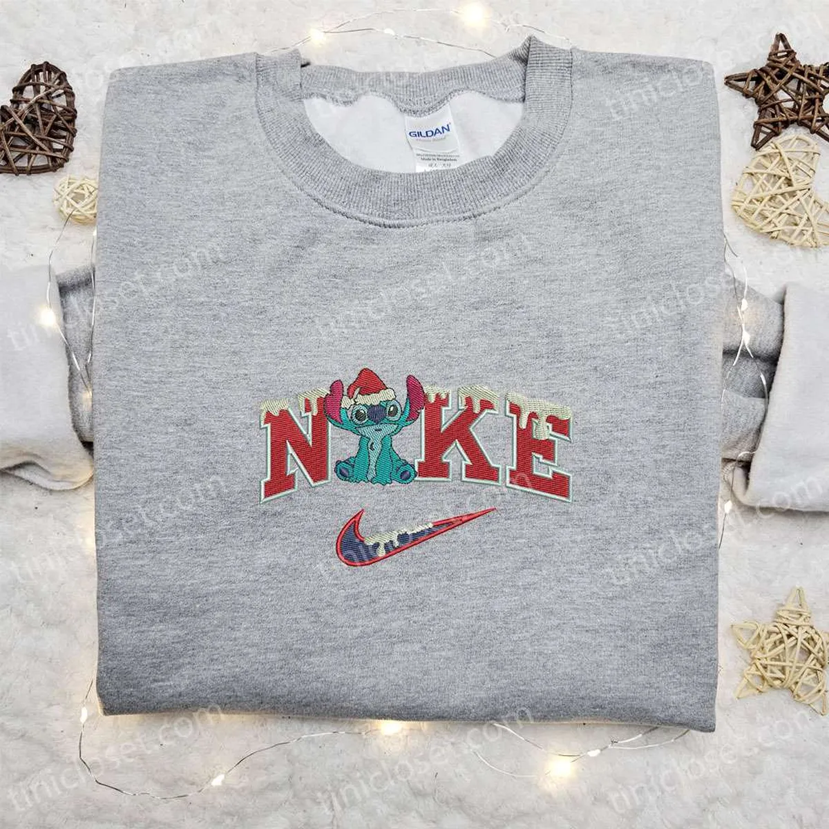 Stitch Xmas Snow x Nike Embroidered Shirt, Disney Characters Embroidered Hoodie, Christmas Embroidered Sweatshirt