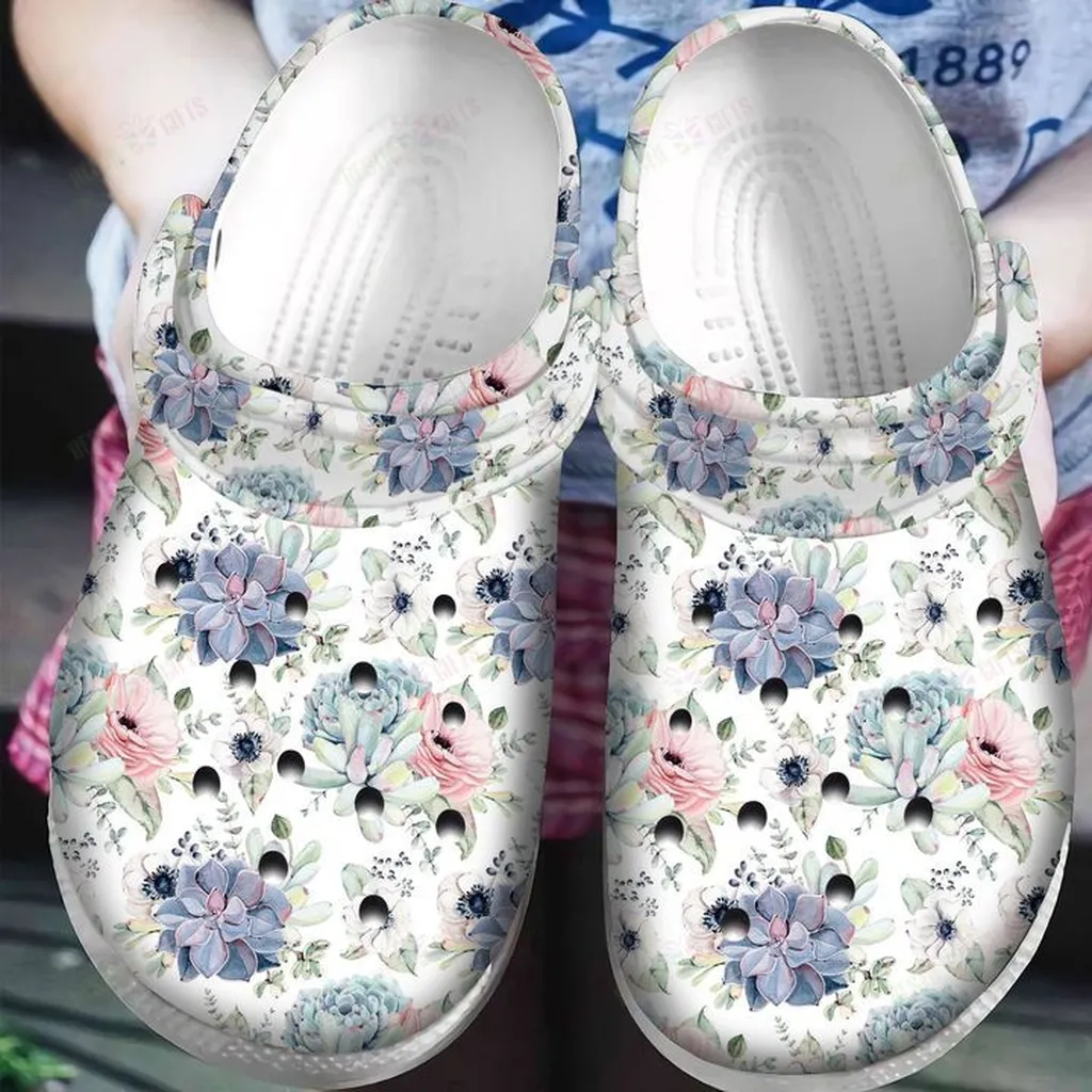 Succulent White Sole Pattern Crocs, Personalized Crocs Classic Clogs