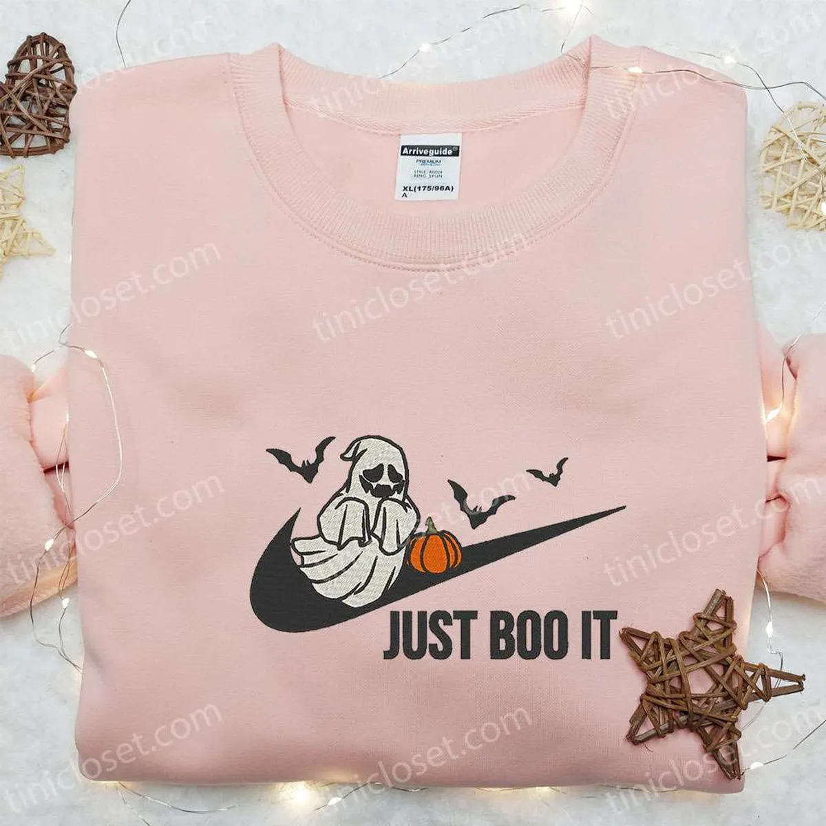 Swoosh x Boo Ghost Just It Embroidered Sweatshirt, Halloween Embroidered Shirt, Nike Inspired Embroidered T-shirt