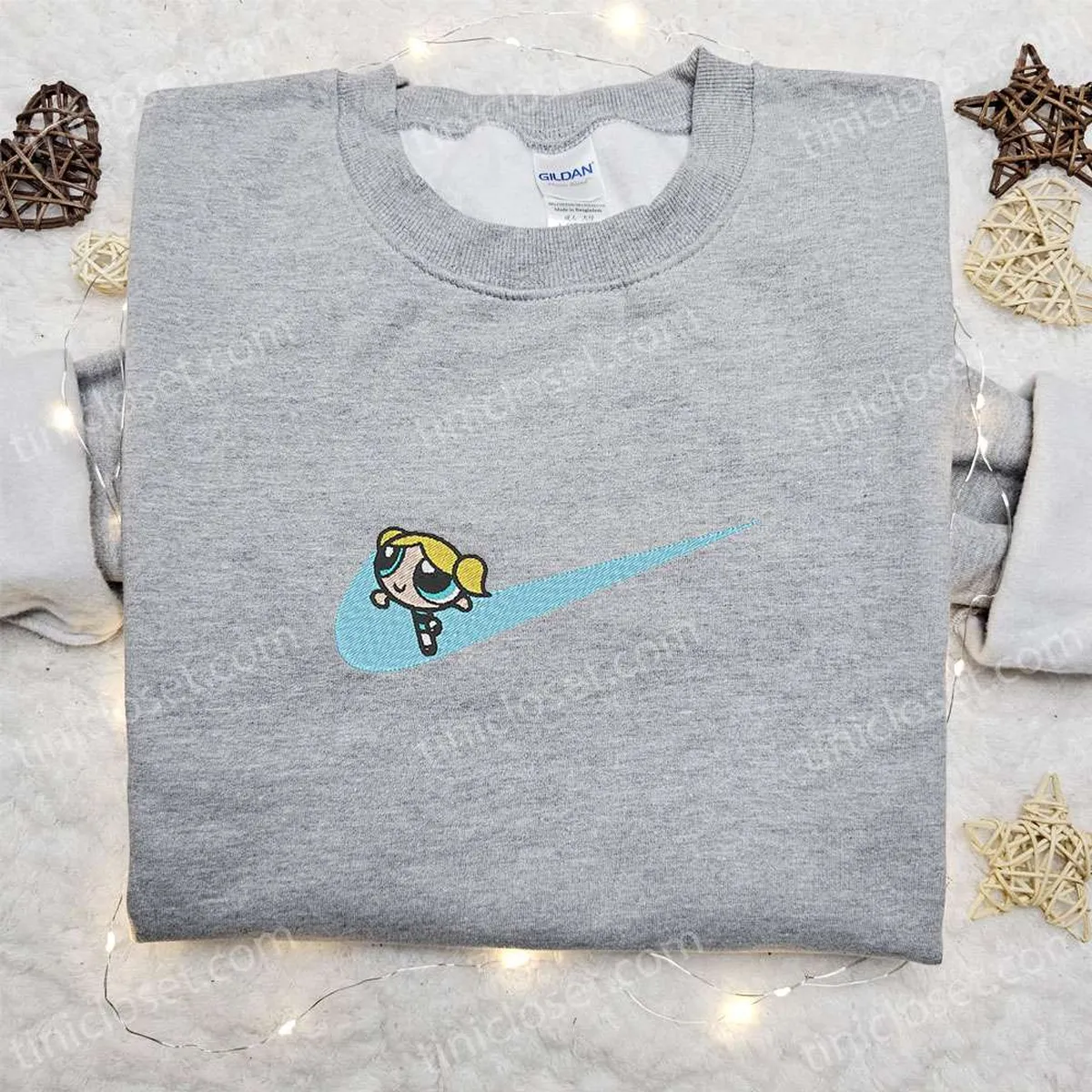 Swoosh x Bubbles Cartoon Embroidered Sweatshirt, Powerpuff Girls Embroidered Shirt, Nike Inspired Embroidered T-shirt