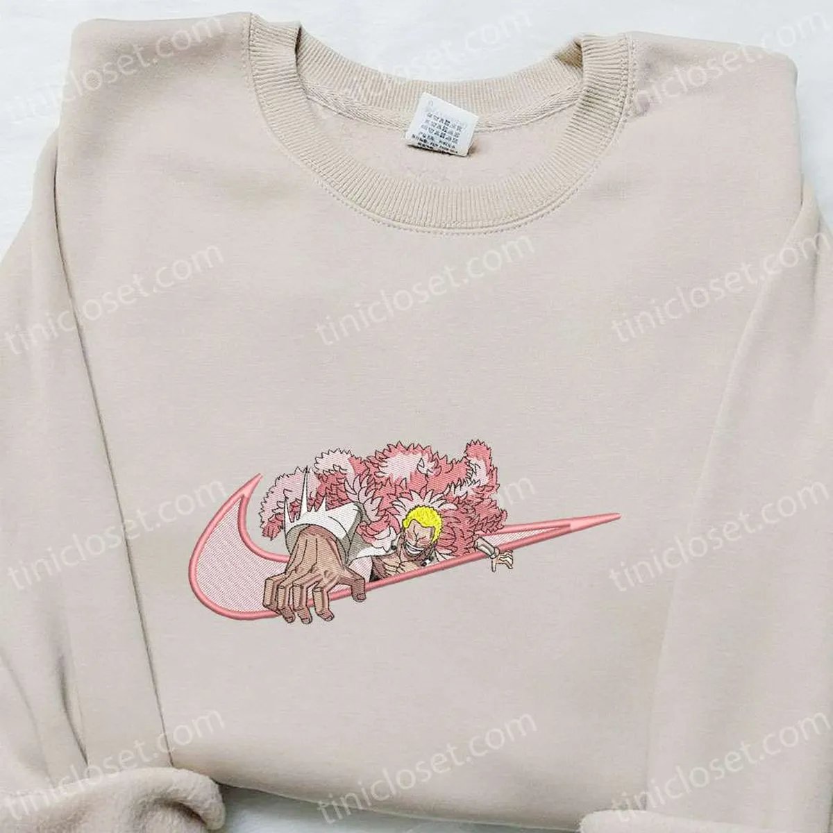 Swoosh x Donquixote Doflamingo Anime Embroidered Hoodie, One Piece Embroidered Shirt, Nike Inspired Embroidered Shirt