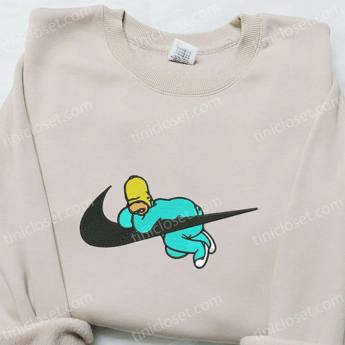 Swoosh x Homer Sleeping Cartoon Embroidered Sweatshirt, Nike Inspired Embroidered Shirt, Best Birthday Gift Ideas