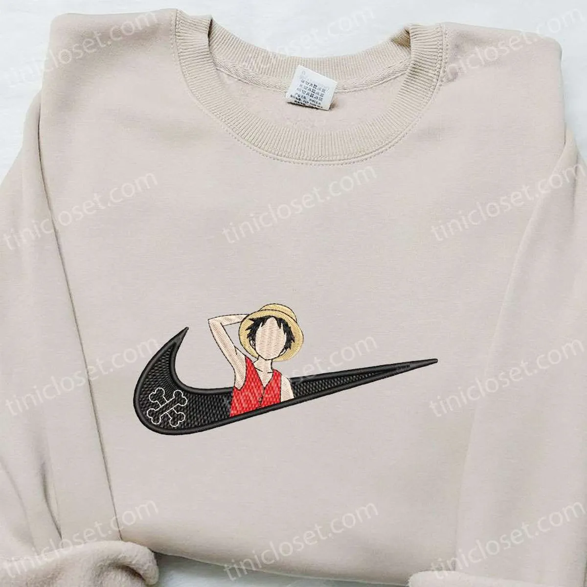 Swoosh x Monkey D. Luffy Anime Embroidered Sweatshirt, Nike Inspired Embroidered Shirt, Cool Anime Clothing