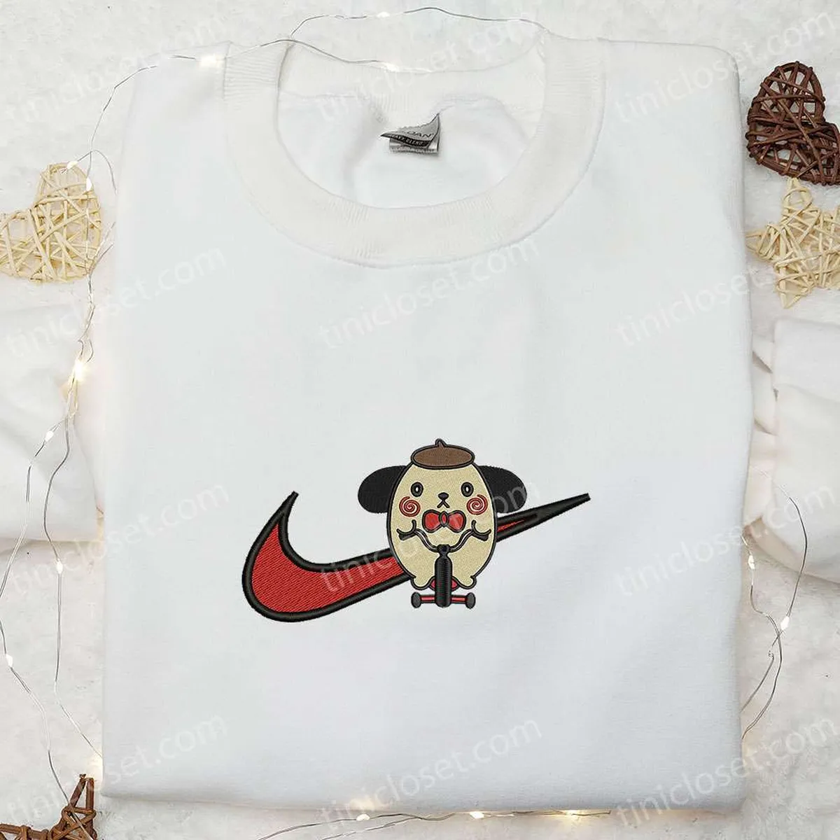 Swoosh x Pompompurin Jigsaw Embroidered Sweatshirt, Nike Inspired Embroidered Shirt, Funny Horror Halloween Embroidered T-shirt