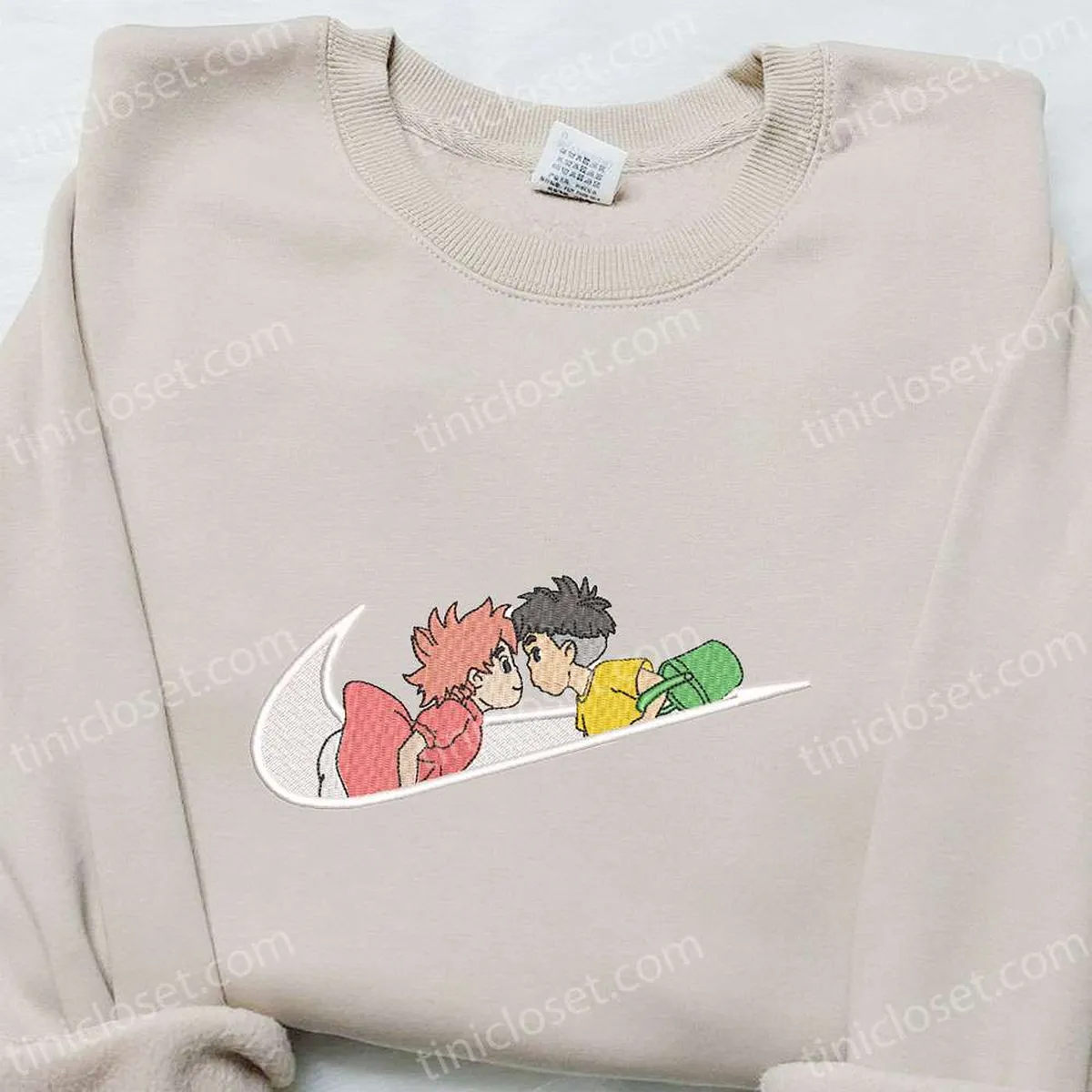 Swoosh x Sosuke and Ponyo Anime Embroidered Hoodie, Best Gift for Family Embroidered Hoodie, Custom Nike Embroidered T-shirt