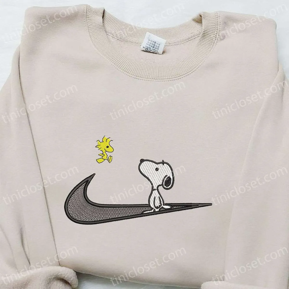 Swoosh x Woodstock and Snoopy Cartoon Embroidered Shirt, Disney Characters Embroidered Hoodie, Custom Nike Embroidered T-shirt