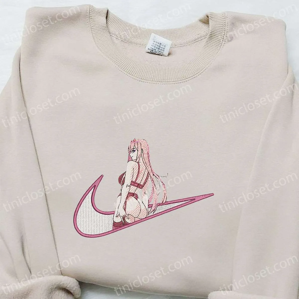 Swoosh x Zero Two Anime Embroidered Sweatshirt, Nike Inspired Embroidered Shirt, Custom Embroidered T-shirt