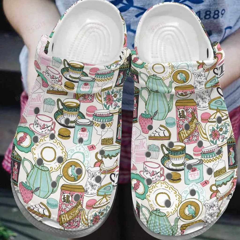 Tea White Sole Tea Time Crocs, Personalized Crocs Classic Clogs