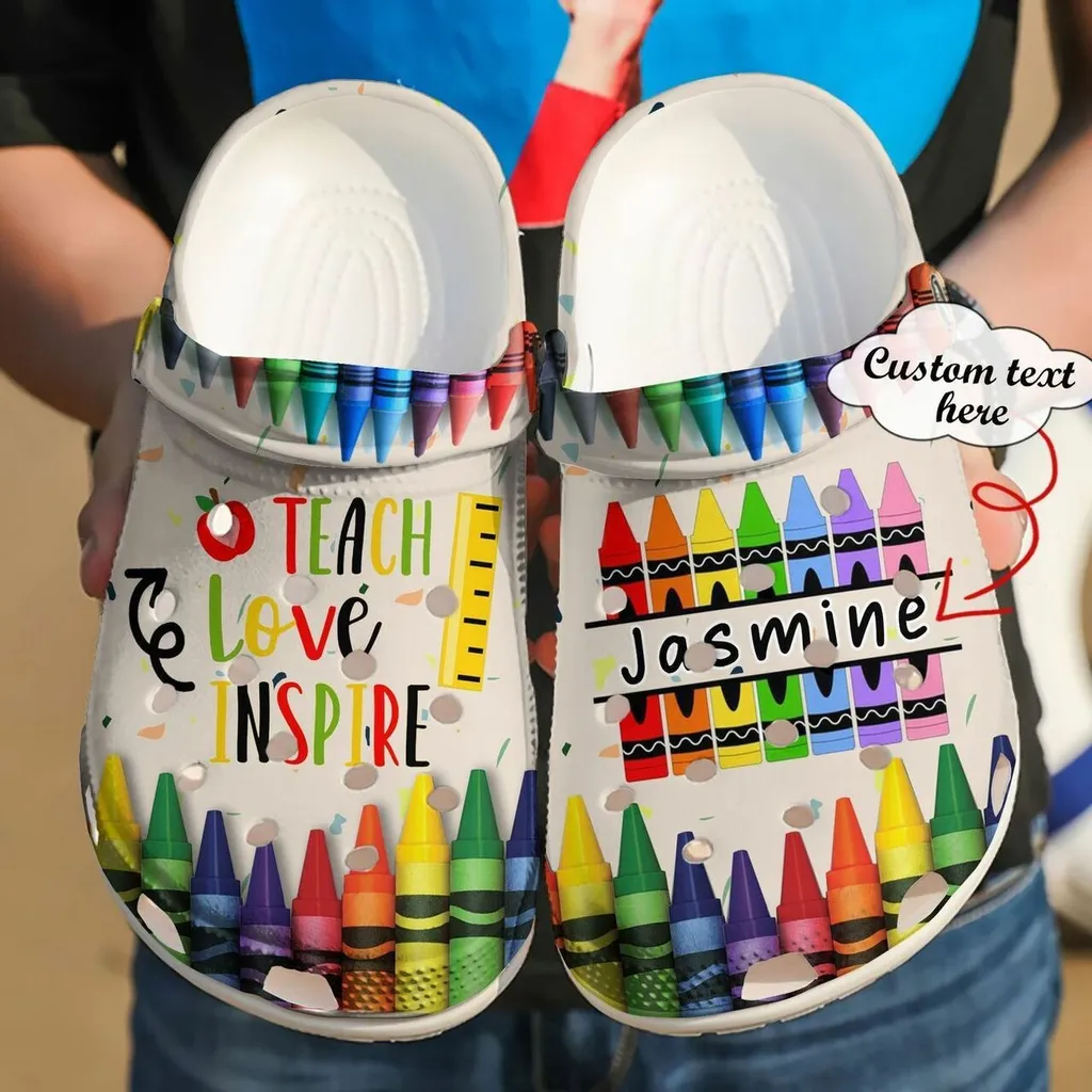 Teach Love Inspire Crayon Pencils Teacher Custom Name Crocs Crocband Clog