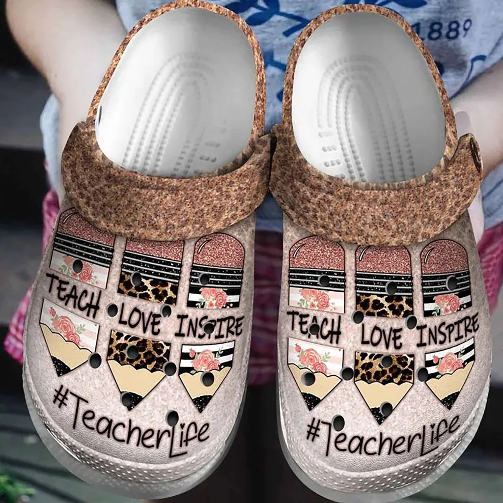 Teach Love Inspire Teacherlife Pencil Floral Leopard Crocs Crocband Clog