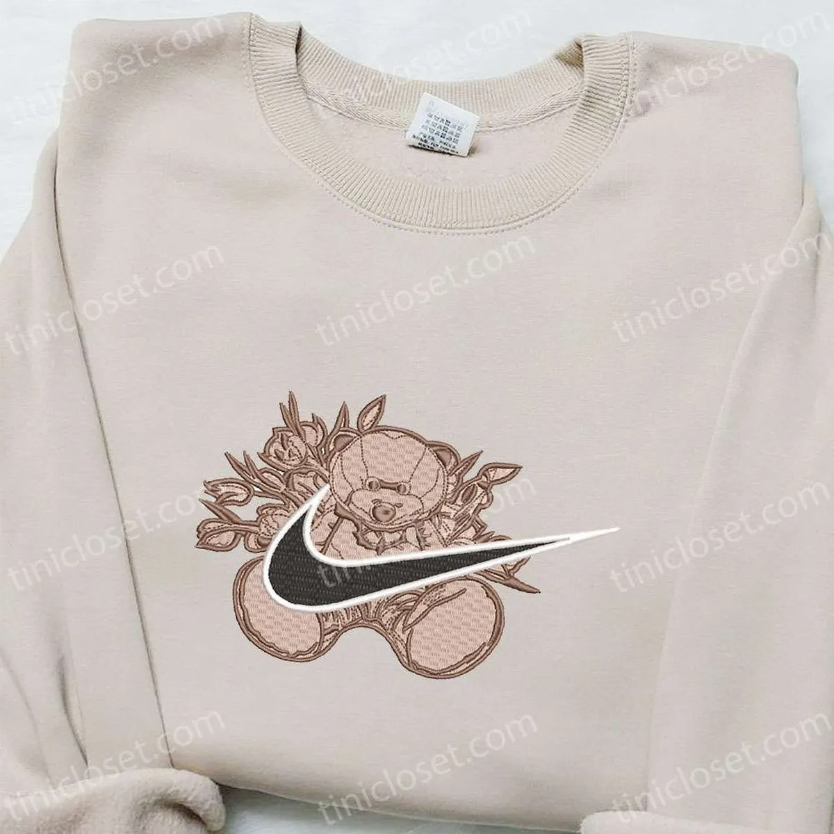 Teddy Bear x Swoosh Embroidered Shirt, Nike Inspired Embroidered Shirt, Custom Nike Embroidered T-shirt