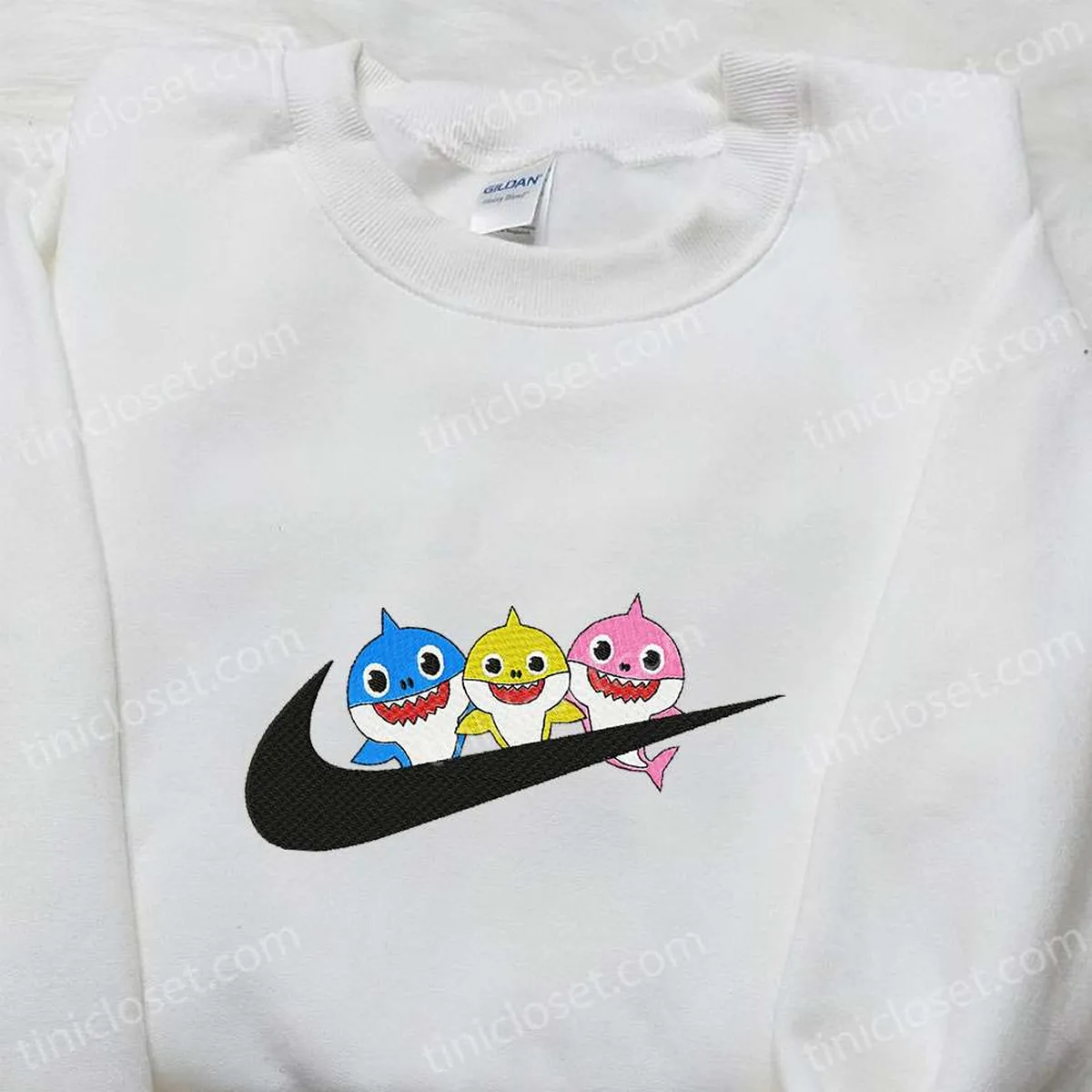 Three Baby Sharks x Nike Swoosh Cartoon Embroidered Shirt, Nike Inspired Embroidered Shirt, Best Birthday Gift Ideas