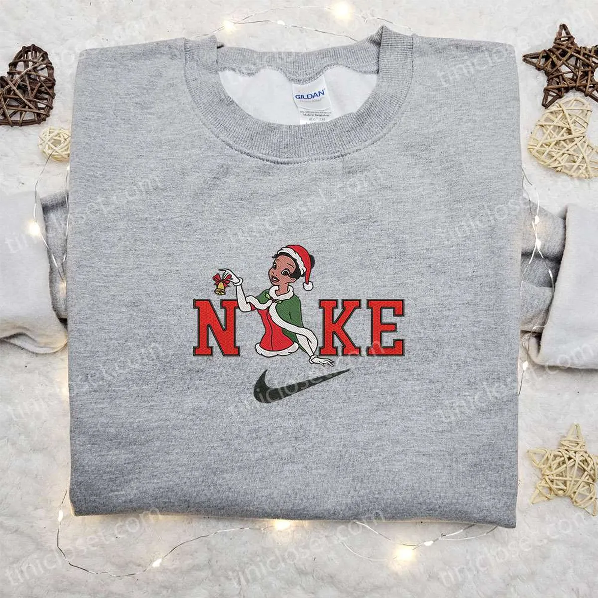 Tiana Christmas x Nike Embroidered Sweatshirt, Cartoon Christmas Embroidered Shirt, Best Christmas Gift Ideas