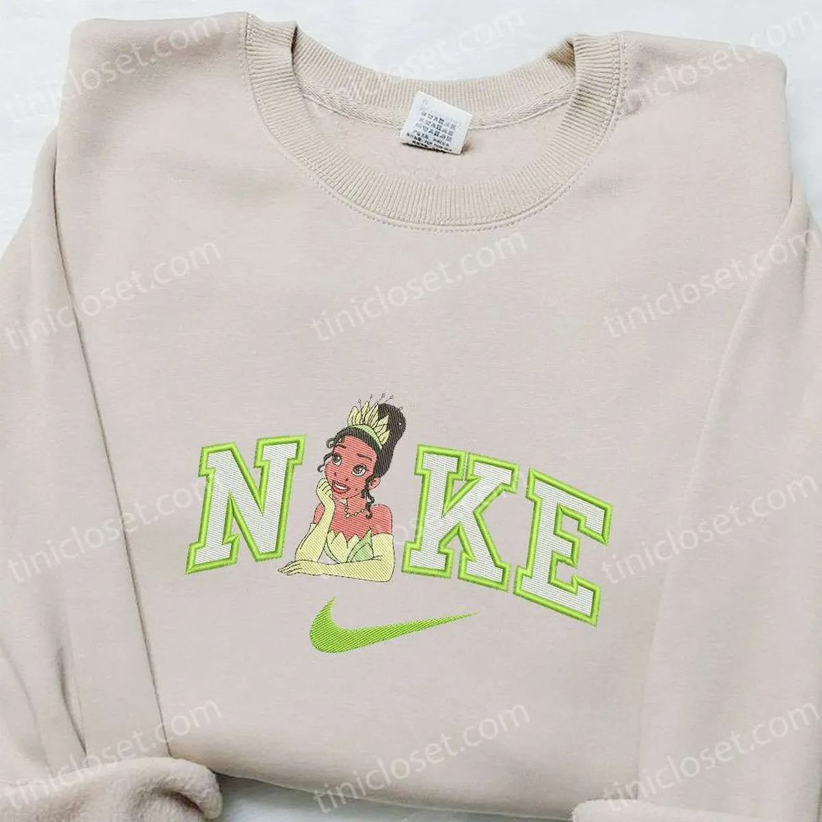 Tiana x Nike Cartoon Embroidered Shirt, Disney Characters Embroidered Shirt, Custom Nike Embroidered T-shirt