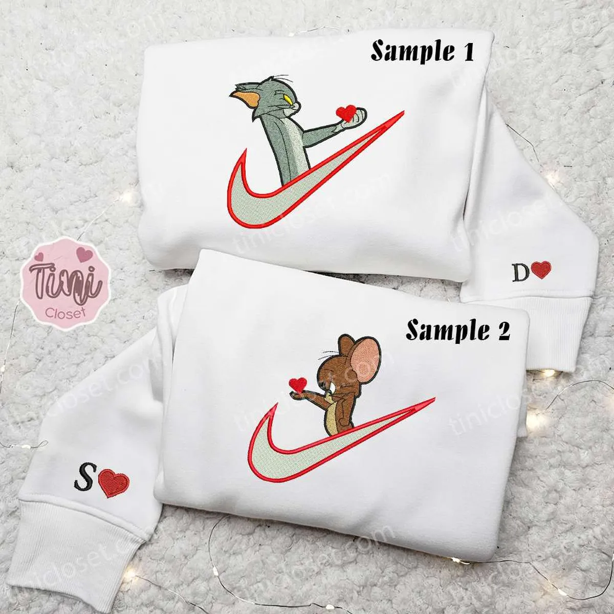 Tom And Jerry Giving Heart x Nike Couple Embroidered Shirt, Cartoon Embroidered Hoodie, Valentine? Day Embroidered Sweatshirt