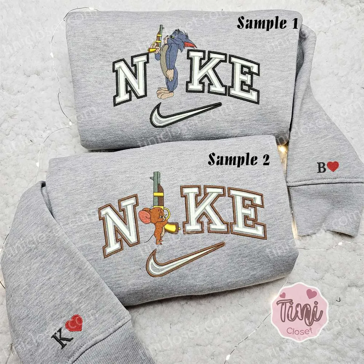 Tom And Jerry With Gun x Nike Couple Embroidered Shirt, Cartoon Embroidered Hoodie, Nike Inspired Embroidered Sweatshirt