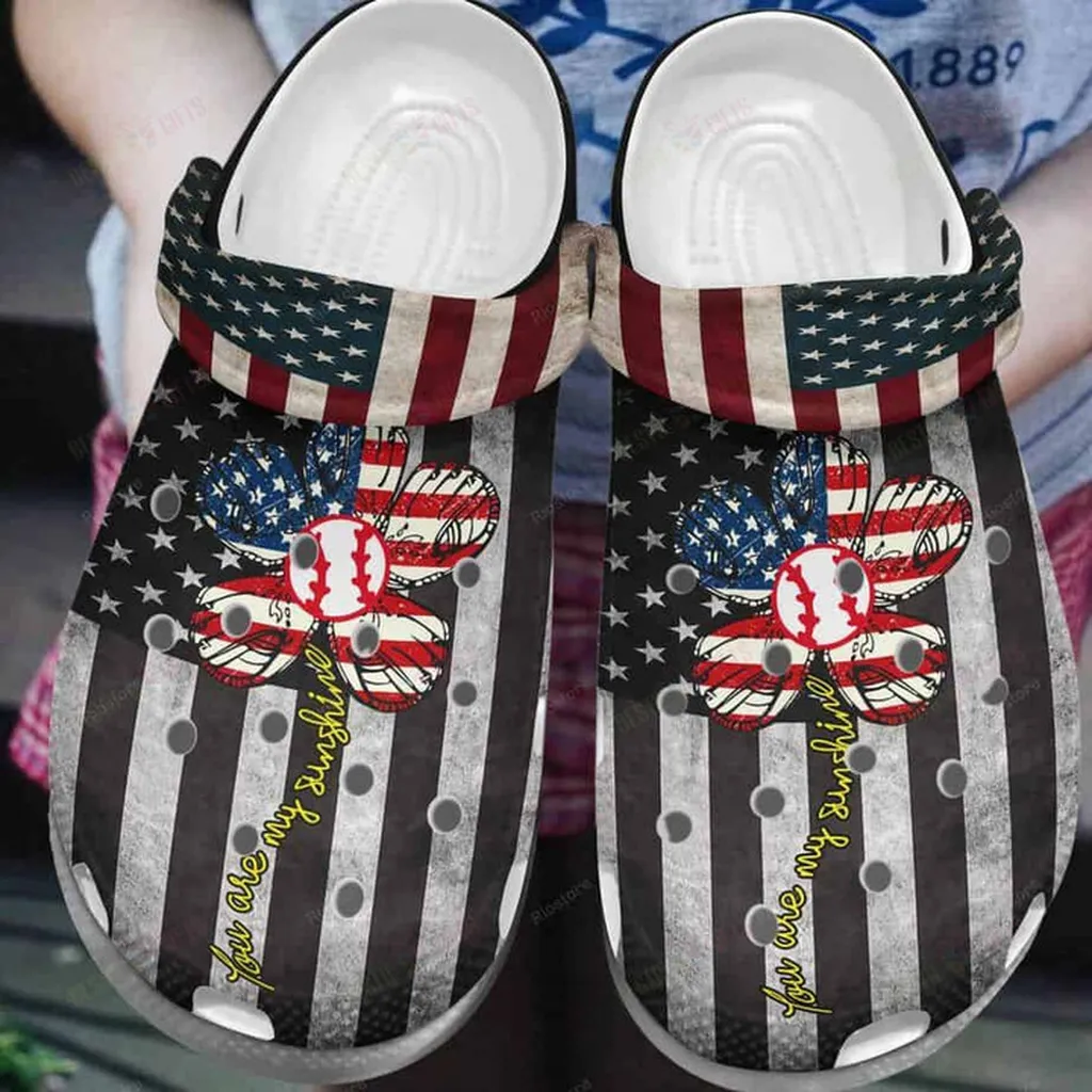 USA Flag Flower Baseball Crocs Classic Clogs