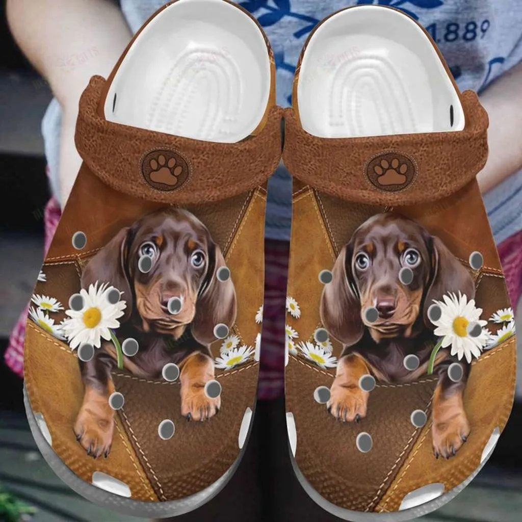 White Sole Daisy Dachsund Crocs, Personalized Crocs Classic Clogs