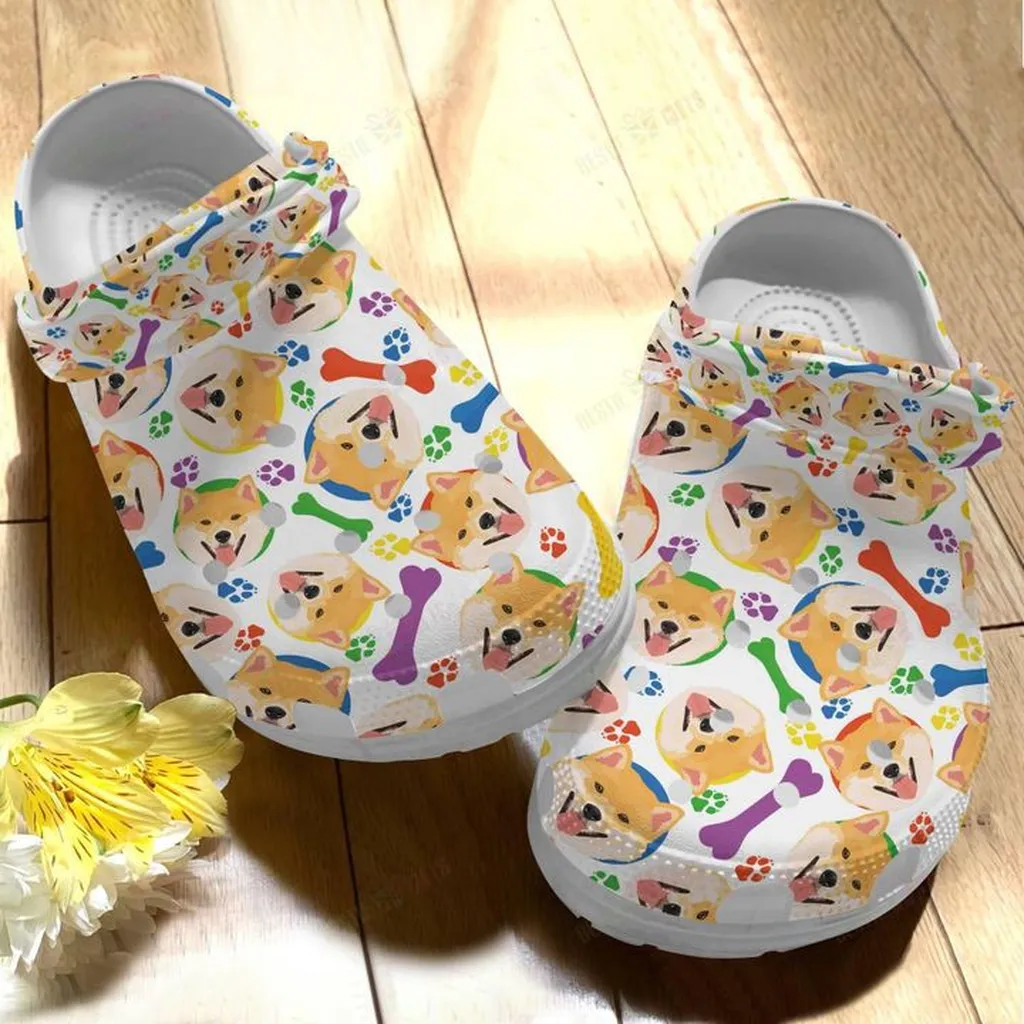 White Sole Shiba Inu Pattern Crocs, Personalized Crocs Classic Clogs