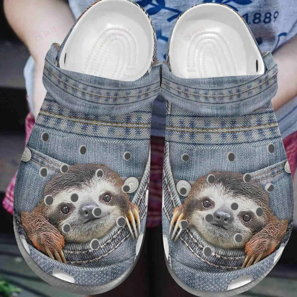 White Sole Sloth In Jeans Crocs, Personalized Crocs Classic Clogs