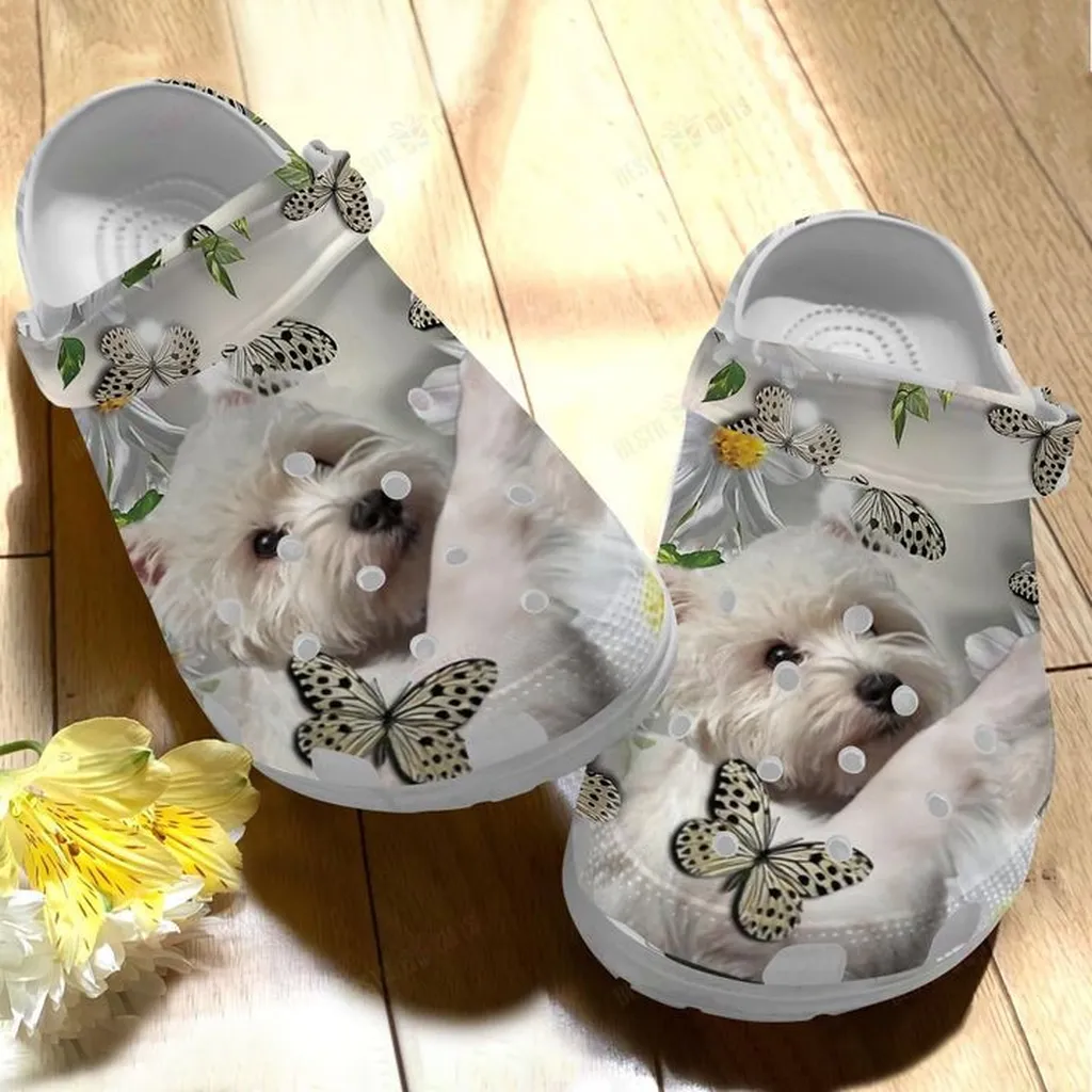 White Terrier Butterflies White Sole Crocs Classic Clogs