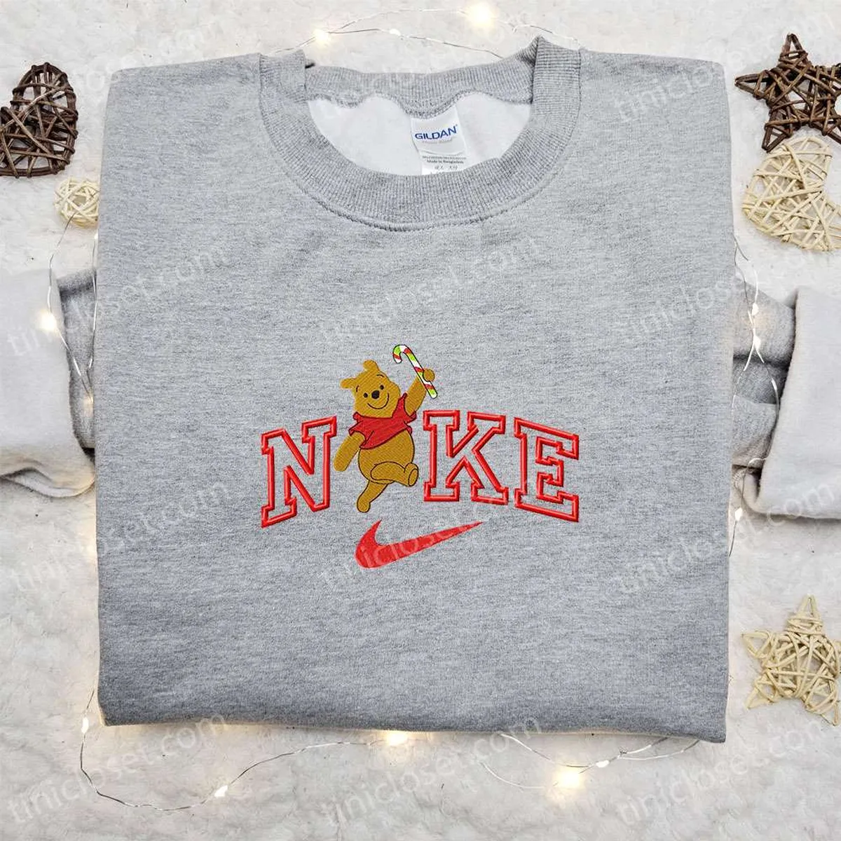 Winnie the Pooh Candy Cane x Nike Cartoon Embroidered Sweatshirt, Walt Disney Characters Embroidered Shirt, Best Christmas Gift Ideas for Family