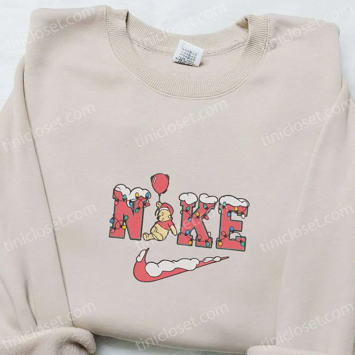 Winnie The Pooh With Balloon Xmas x Nike Embroidered Shirt, Christmas Embroidered Hoodie, Best Gifts For Family