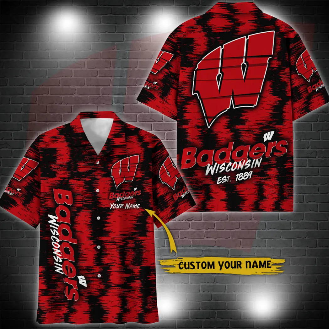 Wisconsin Badgers Aloha Hawaiian Shirt Custom Your Name, Sport 3D Shirt, Gift For Fan VPHWA2451152031