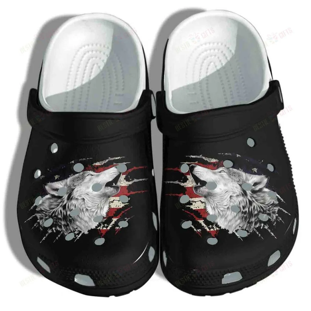 Wolf Scratch Art USA Flag Wolf America Flag 4th Of July Crocs Classic Clogs